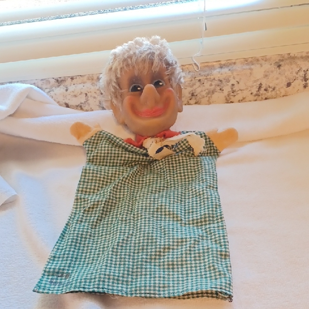 Vintage Green and Tan Puppet Doll Hand Puppet Rubber Head